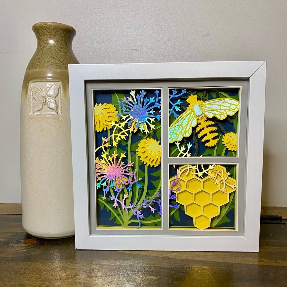3D Bee Dandelion Honeycomb Trio Shadowbox